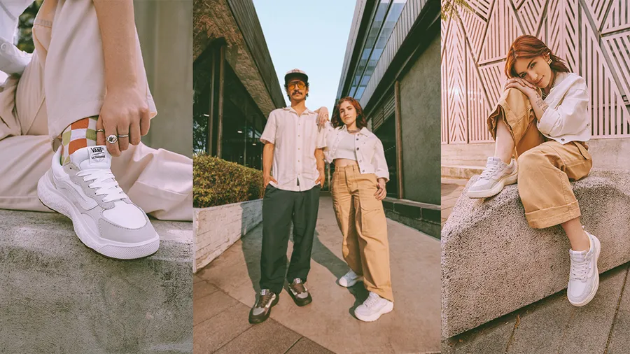 Tres fotos en una, de izquierda a derecha: close up a los sneakers Vans UltraRange Neo VR3, en la segunda imagen están Caloncho y Nath Campos y en la tercera es Nath luciendo los sneakers de Vans.