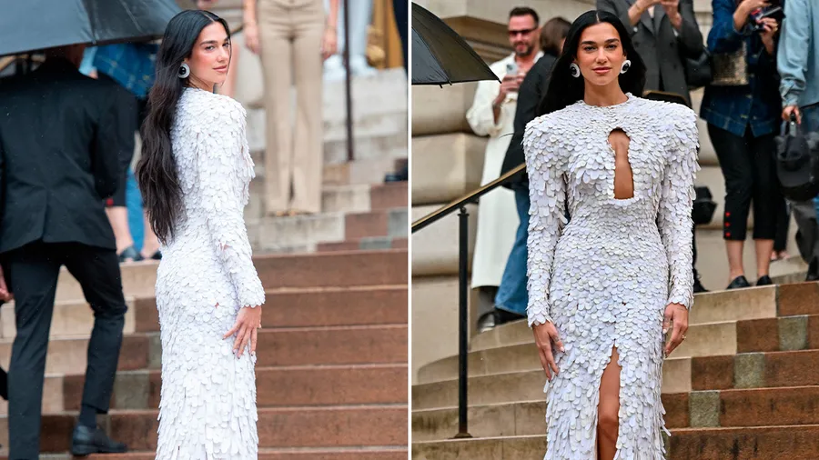 Dua Lipa apuesta por un vestido blanco para el desfile de Alta Costura de Schiaparelli.