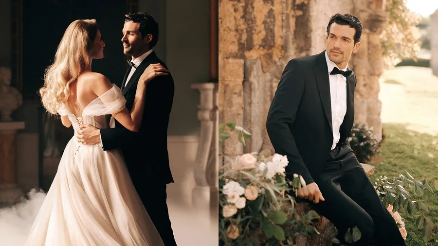 Paul Anthony Kelly usando un smoking negro de Disney Weddings y Allure Bridals.