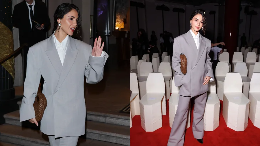 Eiza González acapara miradas en un traje sastre en el desfile de Bottega Veneta.