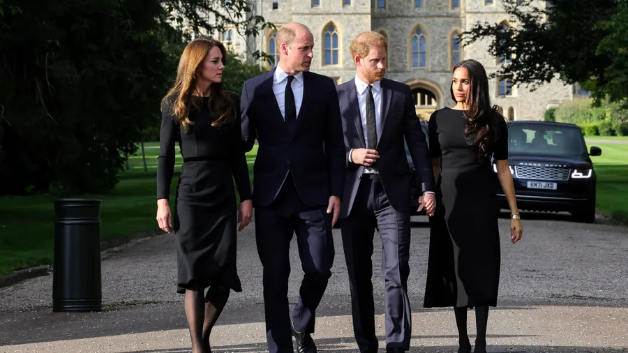 The Prince and Princess of Wales Accompanied By The Duke And Duchess Of Sussex Greet Wellwishers Outside Windsor Castle