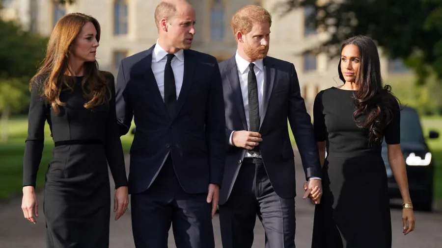 The Prince and Princess of Wales Accompanied By The Duke And Duchess Of Sussex Greet Wellwishers Outside Windsor Castle