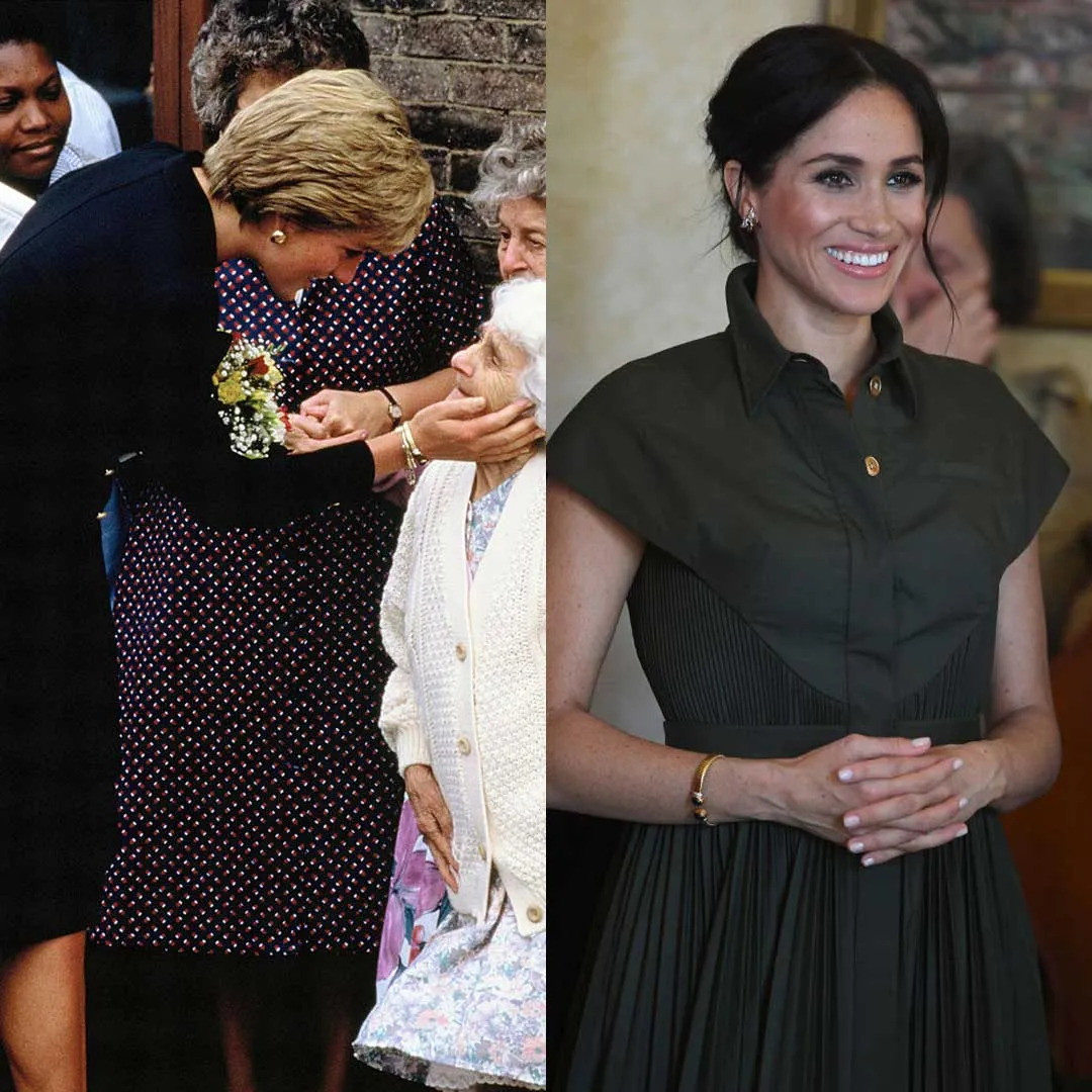 En una de sus giras reales, Meghan fue captada usando un brazalete de oro que Diana usó para visitar el centro de personas mayores Lord Page en 1990.