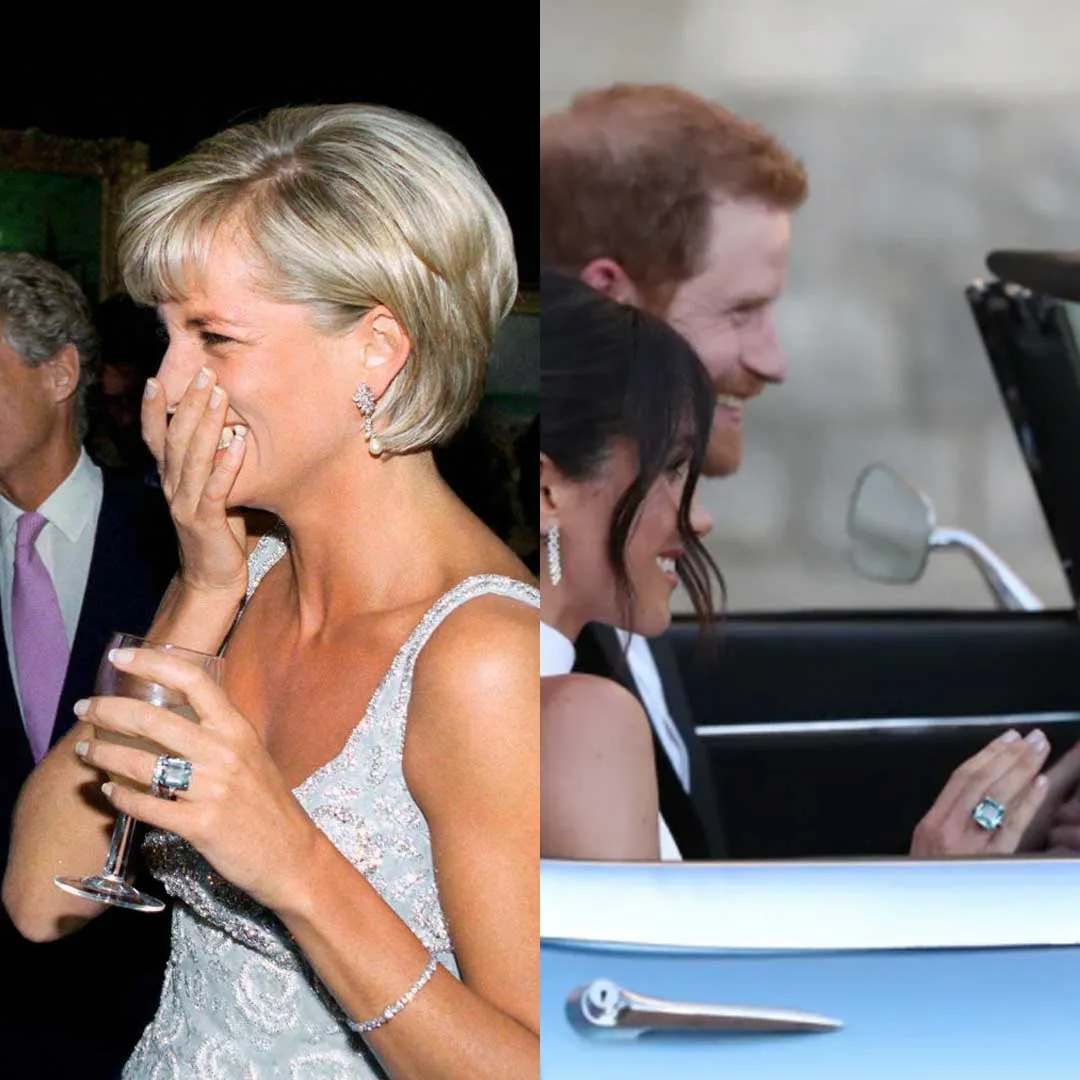 Para la recepción de su boda, Meghan complementó su vestido de novia firmado por Stella McCartney con un anillo masivo con corte de esmeralda de aguamarina que heredó de la princesa Diana. Lady Di lo usó en una cena en Australia en 1996.