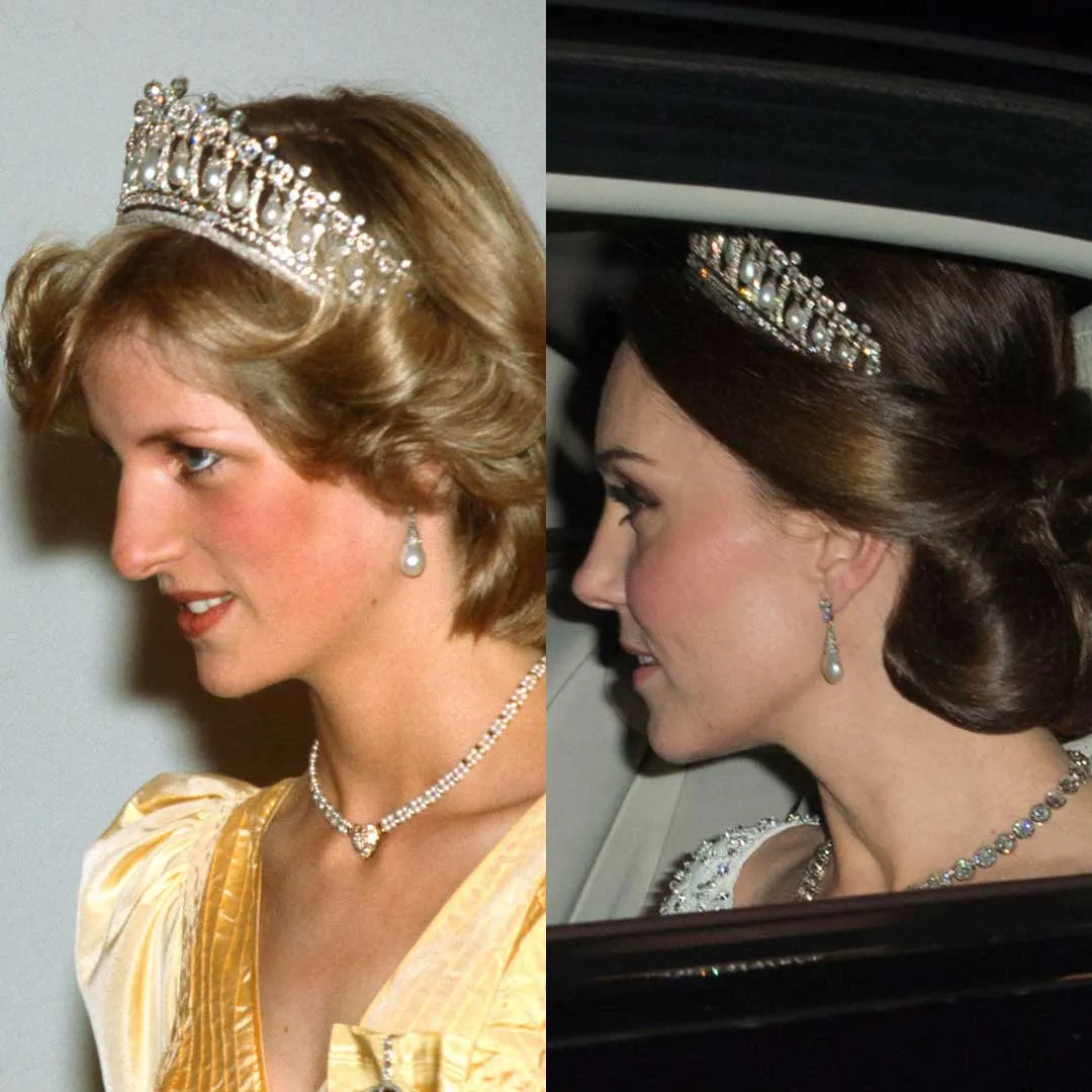 Estos aretes de perlas en forma de gota con diamantes los recibió Diana como regalo de bodas por parte de los joyeros Collingwood y fueron heredados por Kate, quien los ha usado en distintos eventos reales.