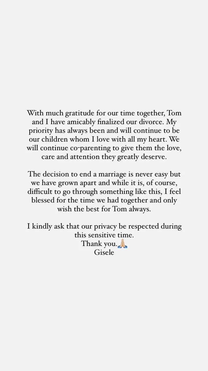 Gisele confirma su divorcio en Instagram.