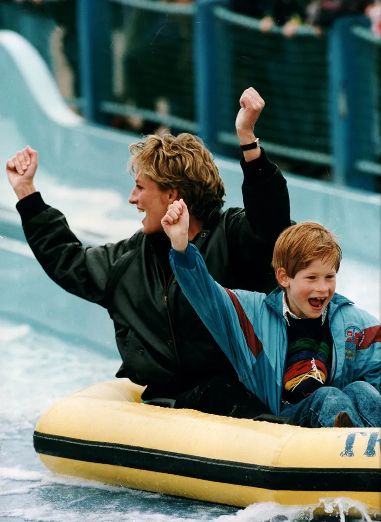 Diana Princess Of Wales (died 31/8/1997) On A Ride At Thorpe Park Surrey With Prince Harry. A Delighted Princess Diana And Her Sons Launched Themselves With Laughter Into The Thrills Spills And Spray Of Their Favourite Theme Park Yesterday. Getting S