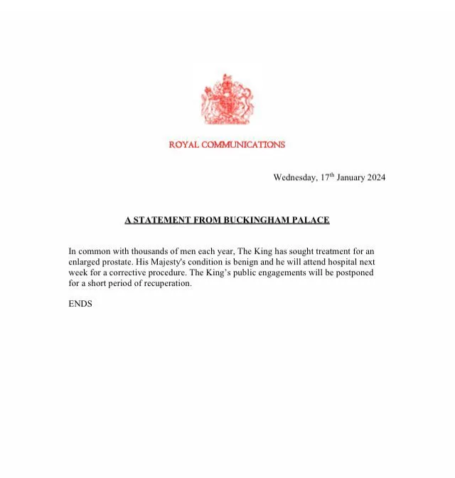 El Palacio de Buckingham anuncia que el rey Carlos se someterá a un tratamiento de prostata agrandada.