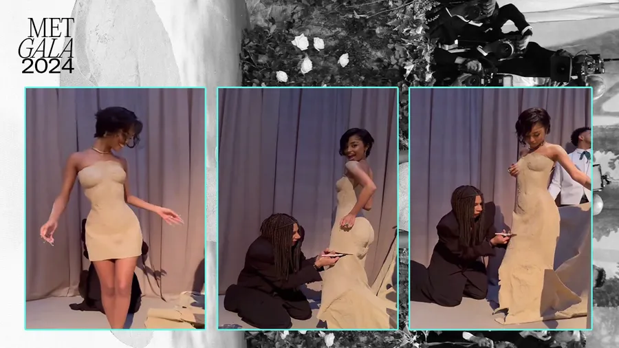 Olivier Rousteing corta el vestido de arena de Tyla en la Met Gala