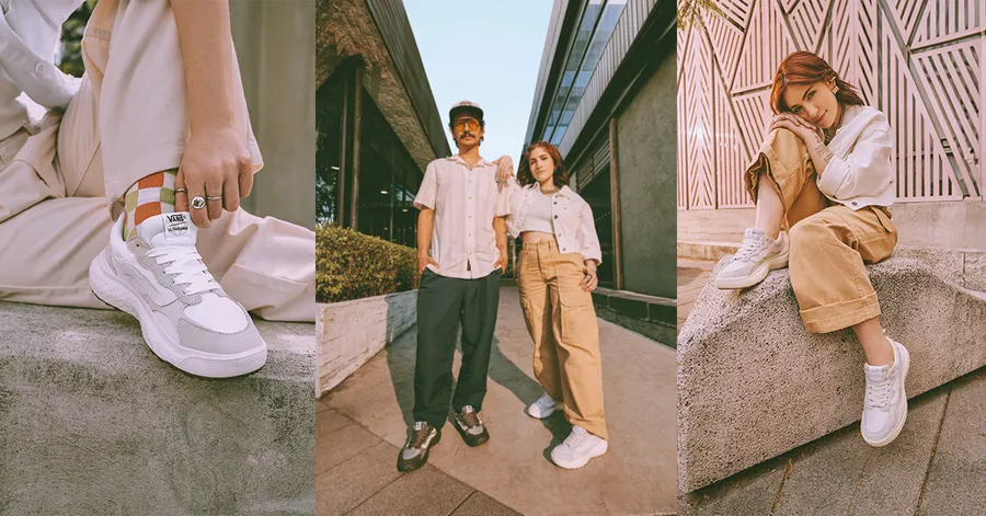 Tres fotos en una, de izquierda a derecha: close up a los sneakers Vans UltraRange Neo VR3, en la segunda imagen están Caloncho y Nath Campos y en la tercera es Nath luciendo los sneakers de Vans.