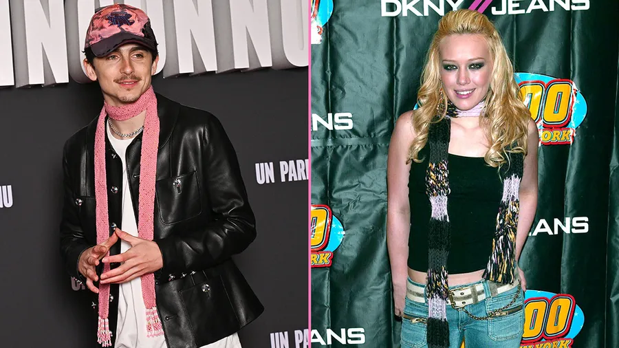 Timothée Chalamet y Hilary Duff bufanda delgada