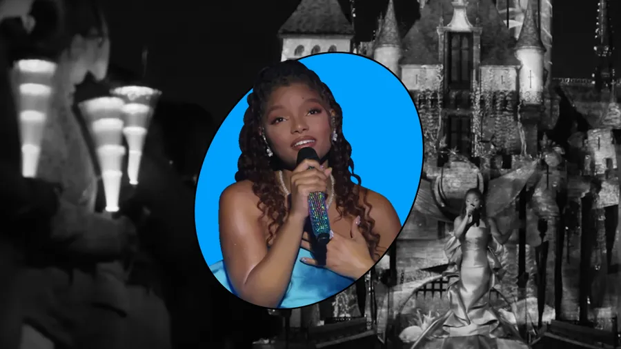 Halle Bailey interpreta "Part of Your World" con el castillo de la Cenicienta de fondo.
