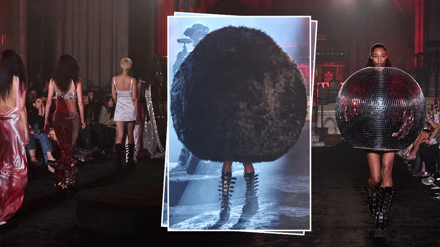 Modelo vestida de bola de fur se pierde en pasarela de Christian Cowan