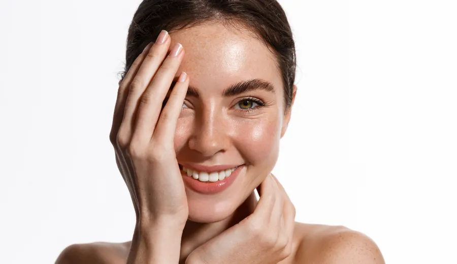 Hermosa joven con piel limpia y perfecta. Retrato de modelo de belleza con maquillaje natural y tocando su cara.