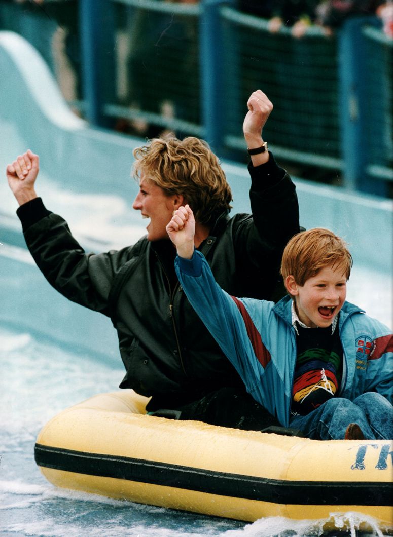 Diana Princess Of Wales (died 31/8/1997) On A Ride At Thorpe Park Surrey With Prince Harry. A Delighted Princess Diana And Her Sons Launched Themselves With Laughter Into The Thrills Spills And Spray Of Their Favourite Theme Park Yesterday. Getting S