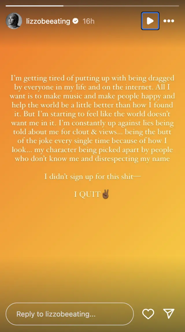 Lizzo anuncia su retiro tras constantes críticas en un comunicado en Instagram