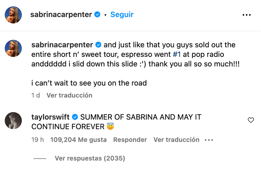 Taylor Swift le dice a Sabrina Carpenter que el verano es suyo en un emotivo mensaje